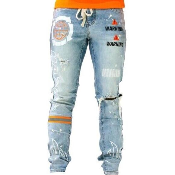 THRT Denim Jeans Hazard Warning Men's Sz 42 Grunge Orange Streetwear Distressed - Picture 2 of 13